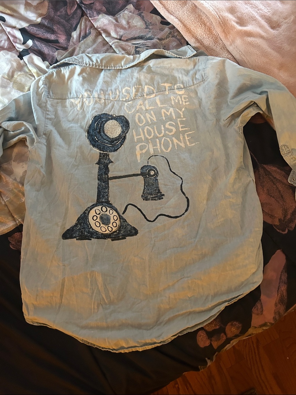 Casual Light Blue Button-Down Shirt with Vintage Phone Graphic